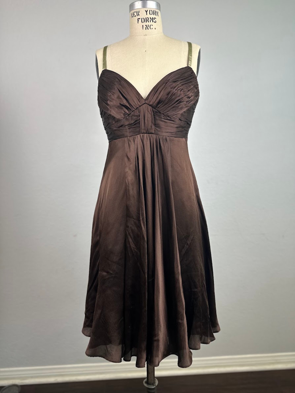 Anne Klein Dress Brown Silk Ruched Spaghetti Strap Midi Size 8